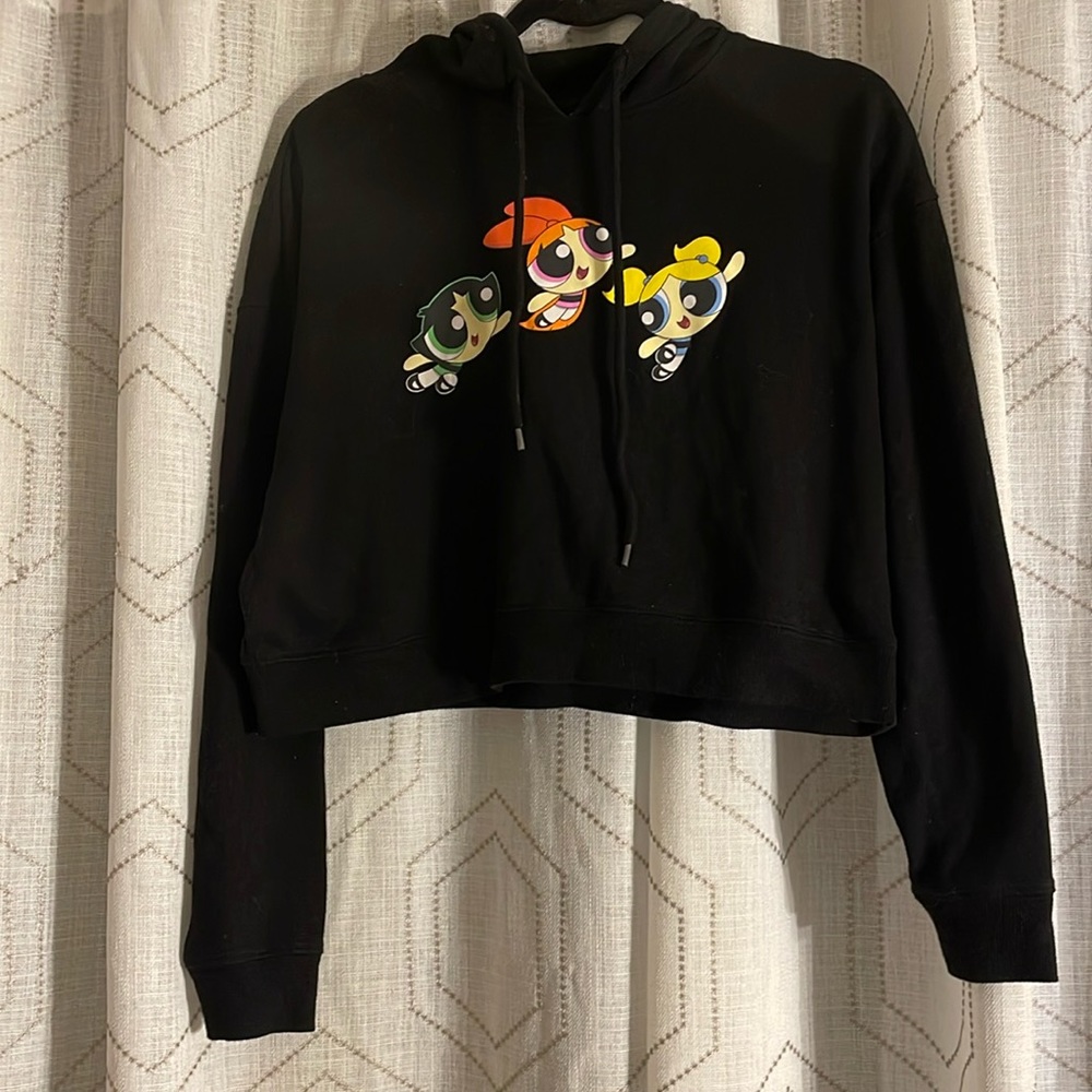 Powerpuff Juniors Girls Black S Cropped Drawstring Hoodie Long Sleeve Ribbed Cuf
